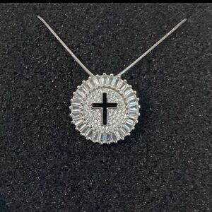 - 💖Sparkly Baguette CZ Diamond Circular Cross Cut Out Pendant Silver Necklace